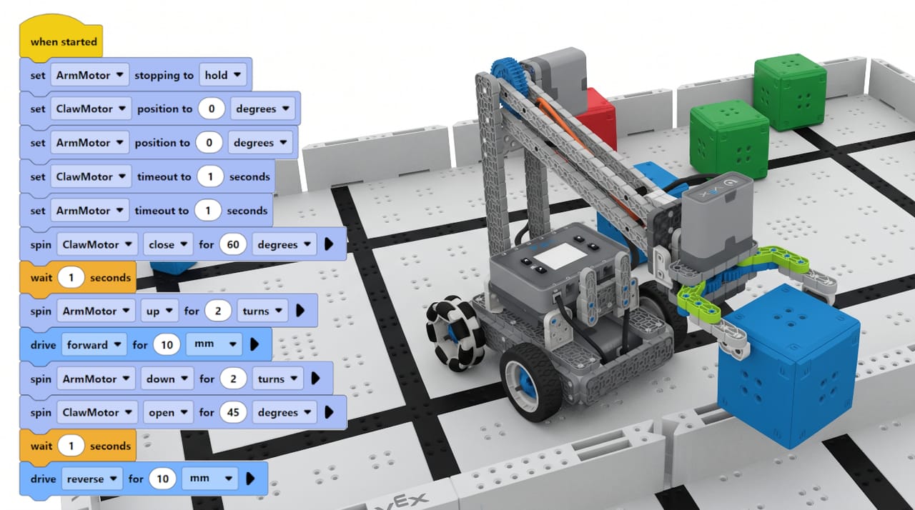 VEX IQ robot on a challenge field, alongside block-based programming instructions