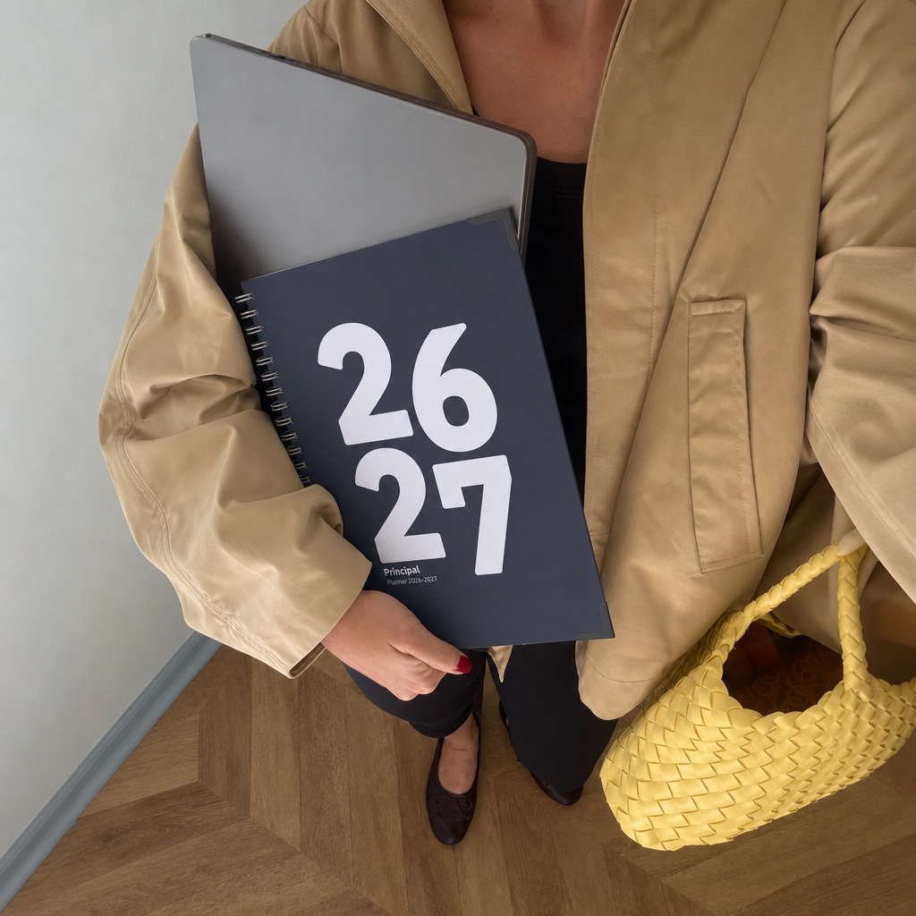 Someone carrying a Contemporary-design 2026/27 planner under their arm