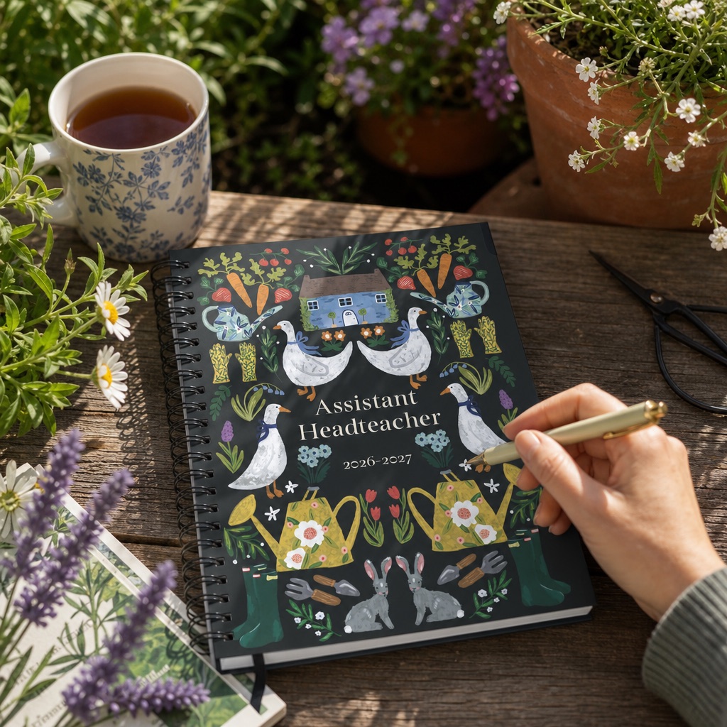 A Cottage-design planner open on a garden table, a hand writing in it beside a cup of tea