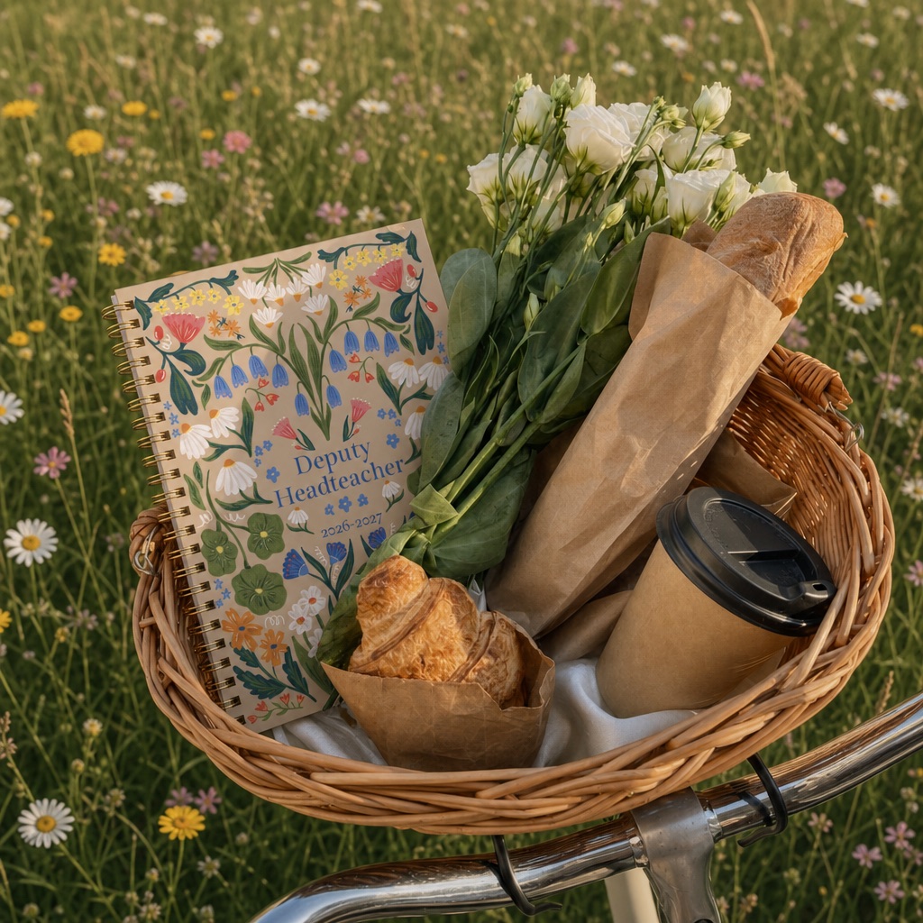 A Meadow-design planner in a bicycle basket with flowers, bread and a coffee